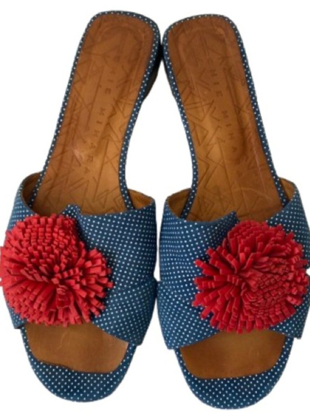 Chie Mihara Blue Polka Dot Pompon Slide Sandals EU 41.5